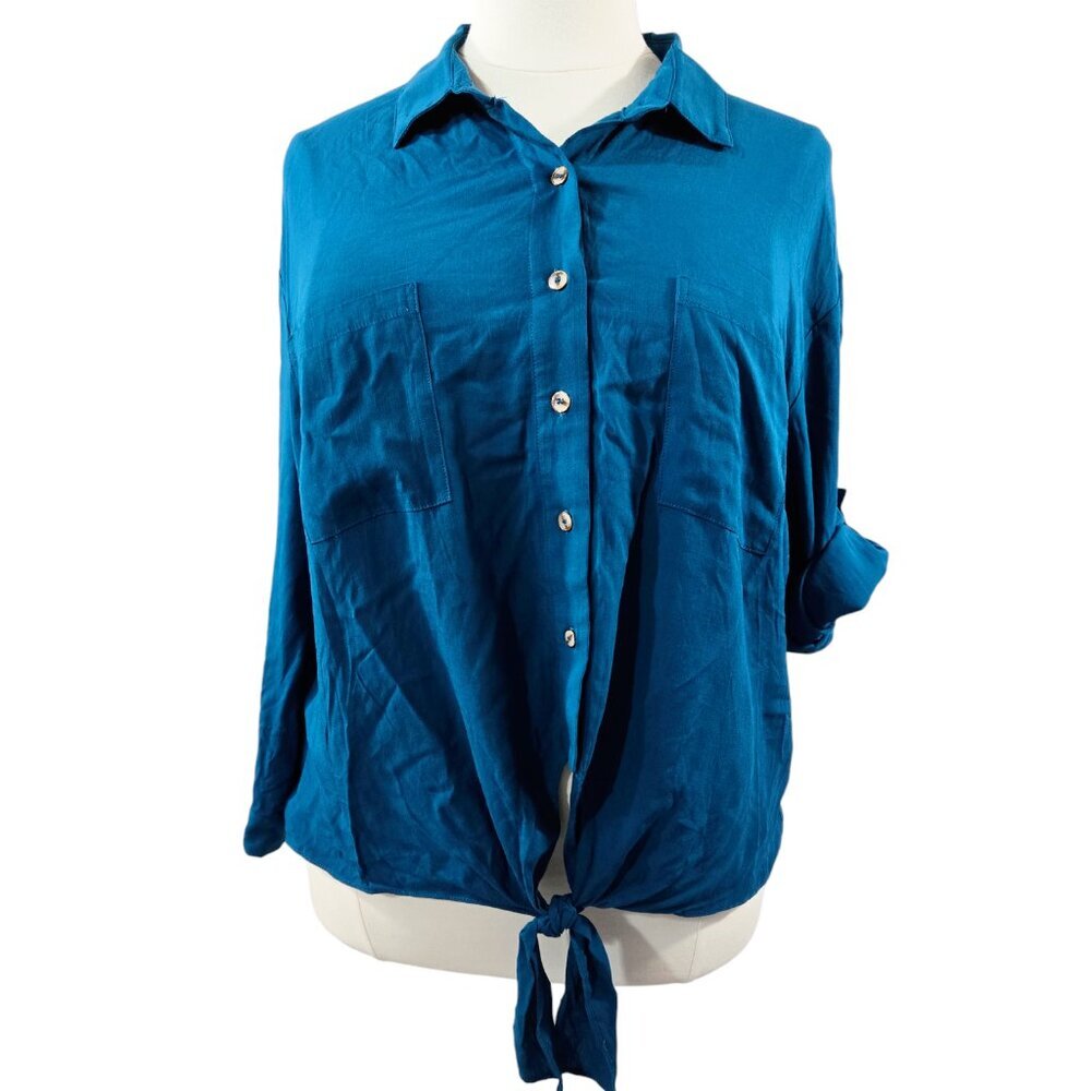 City Chic NWT Moroccan Teal Blue Tie Front Roll Tab Sleeve Button-Up Shirt